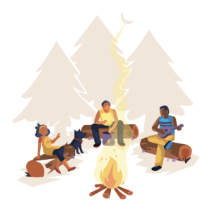 clip art people sitting around a fire pit with their dog, singing songs together