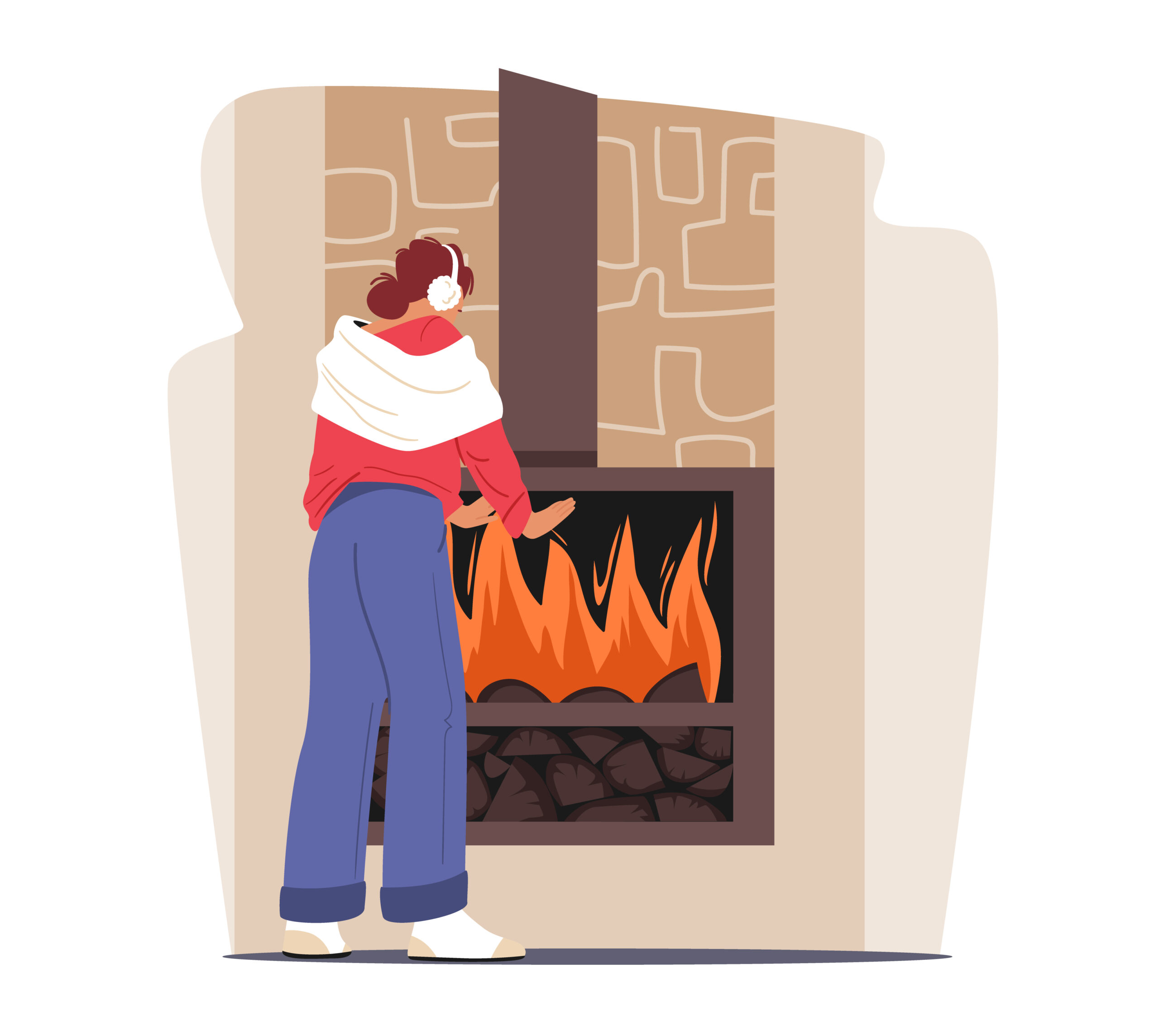 Illustration of woman standing in front of warm fire