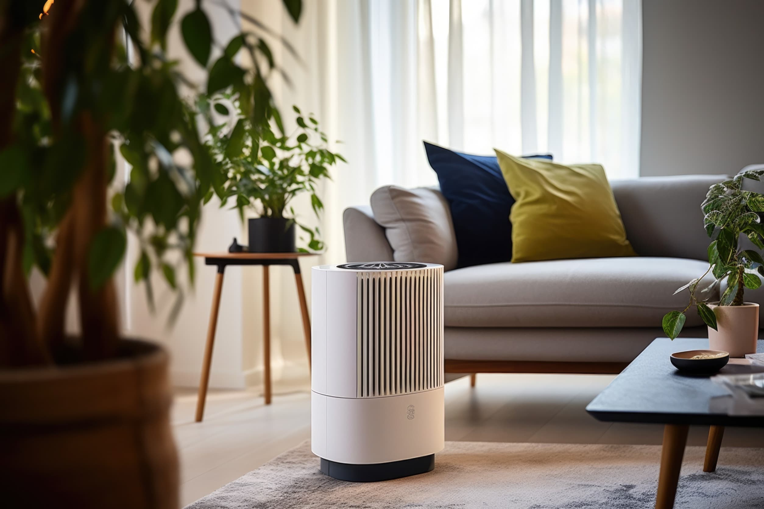 wide shot of a dehumidifier sitting in a living room